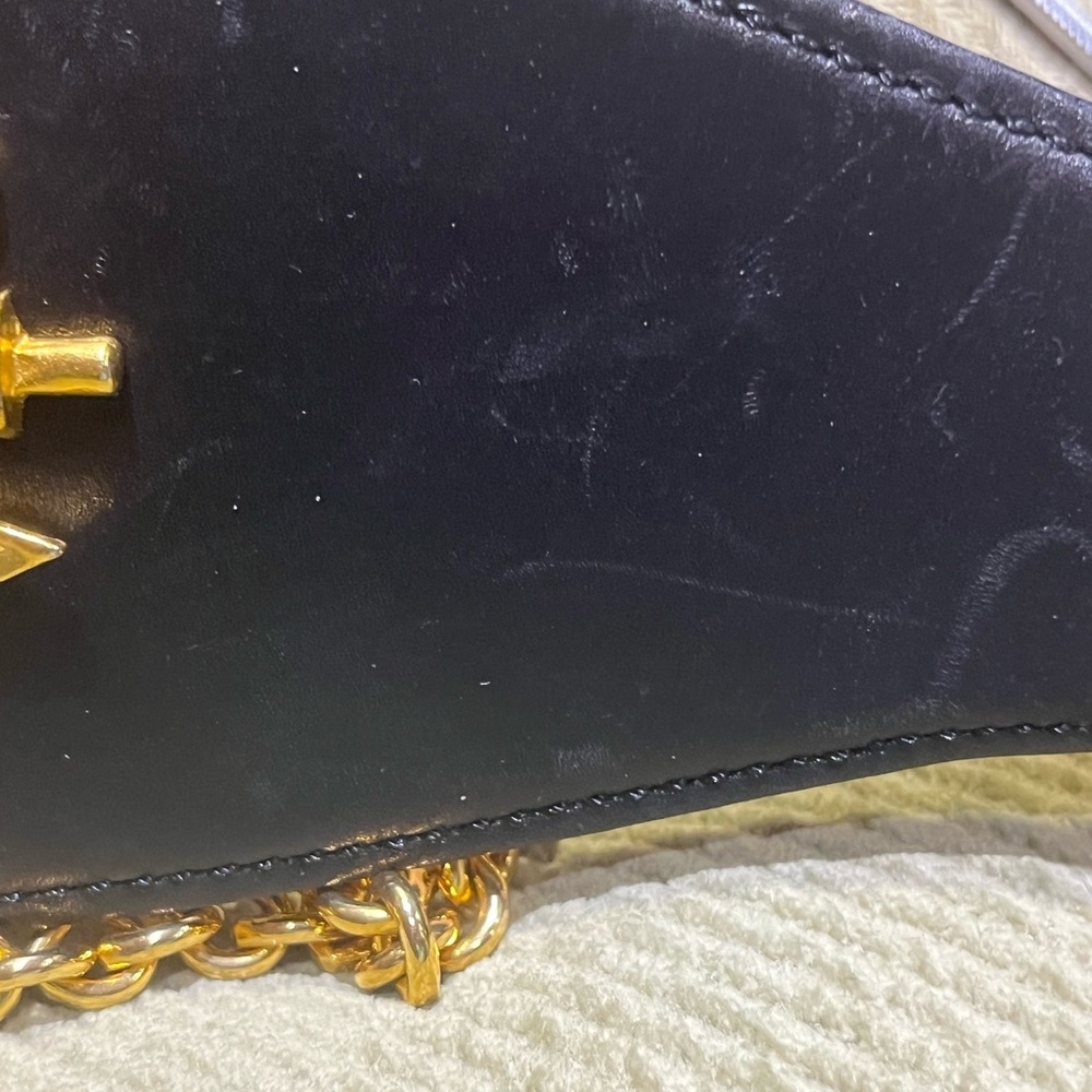 Donna Karan Collectable Vintage Wide Leather Belt w Gold Cross and Chain Details - Picture 9 of 12